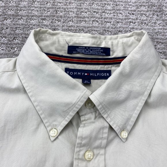Vintage Tommy Hilfiger Shirt Men Extra Large XL Khaki Brown Button Down Big Logo - Picture 4 of 9